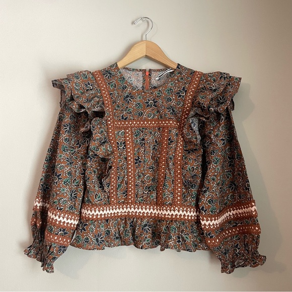 Veronica Beard Floral Printed Orange Weslayan Ruffle Blouse - Picture 3 of 8